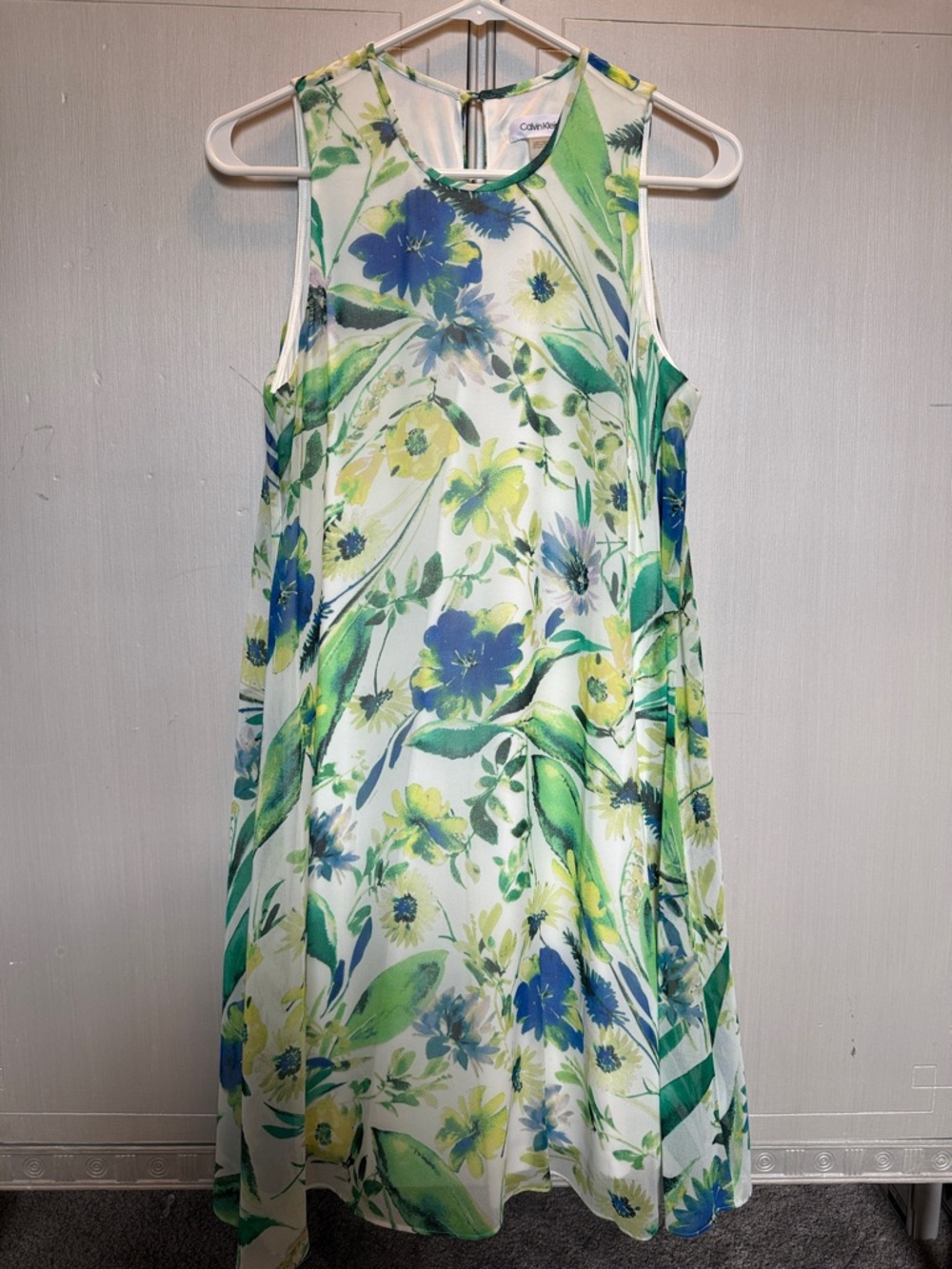 Calvin Klein Blue, Green & Yellow Floral Sleeveless Midi Dress
